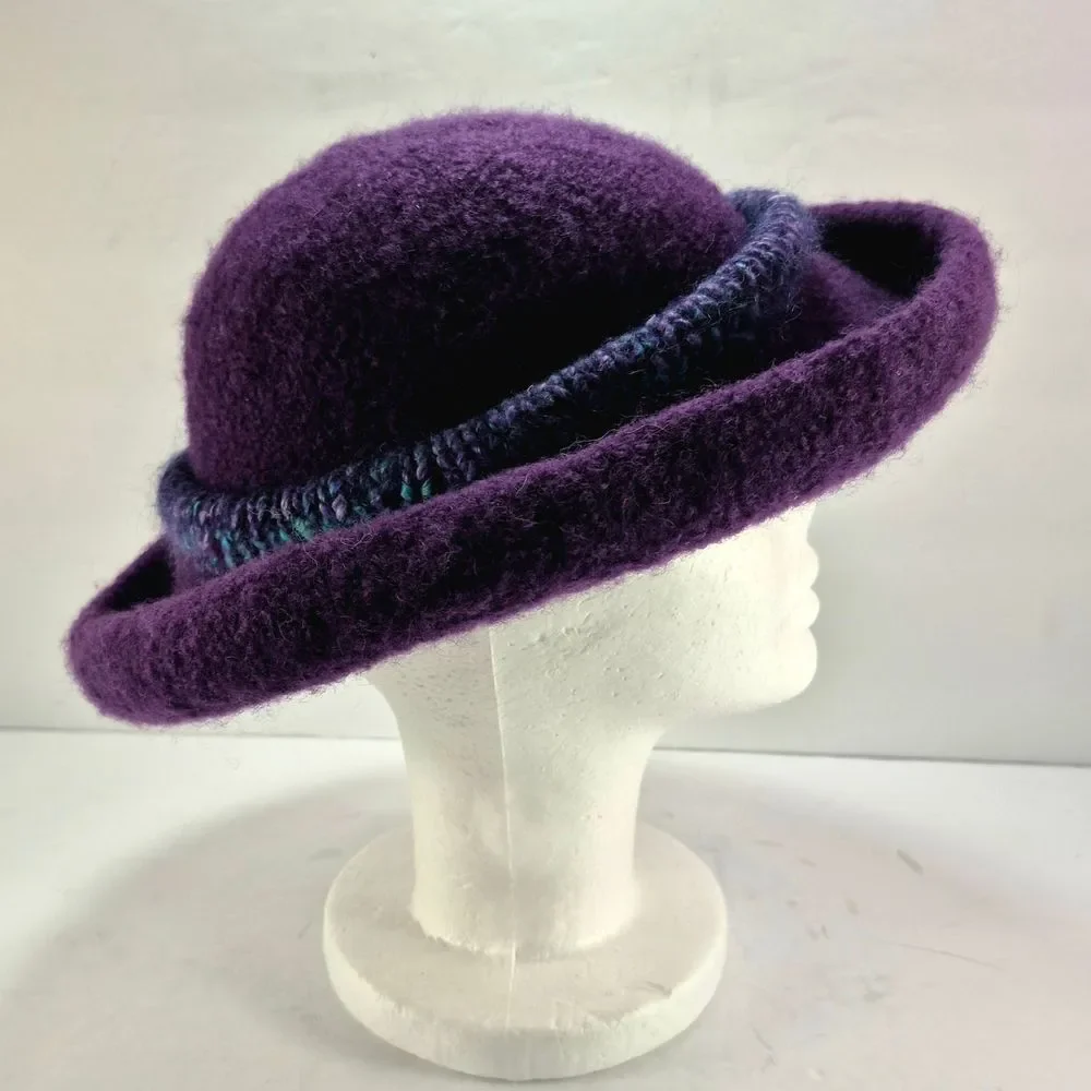 Handmade Purple Felted Wool Hat w/ Green Blue Crochet Band Boho Retro
